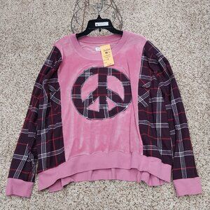 3229 Size 1X Upcycled Peace Sign Velour and Flannel Shirt.